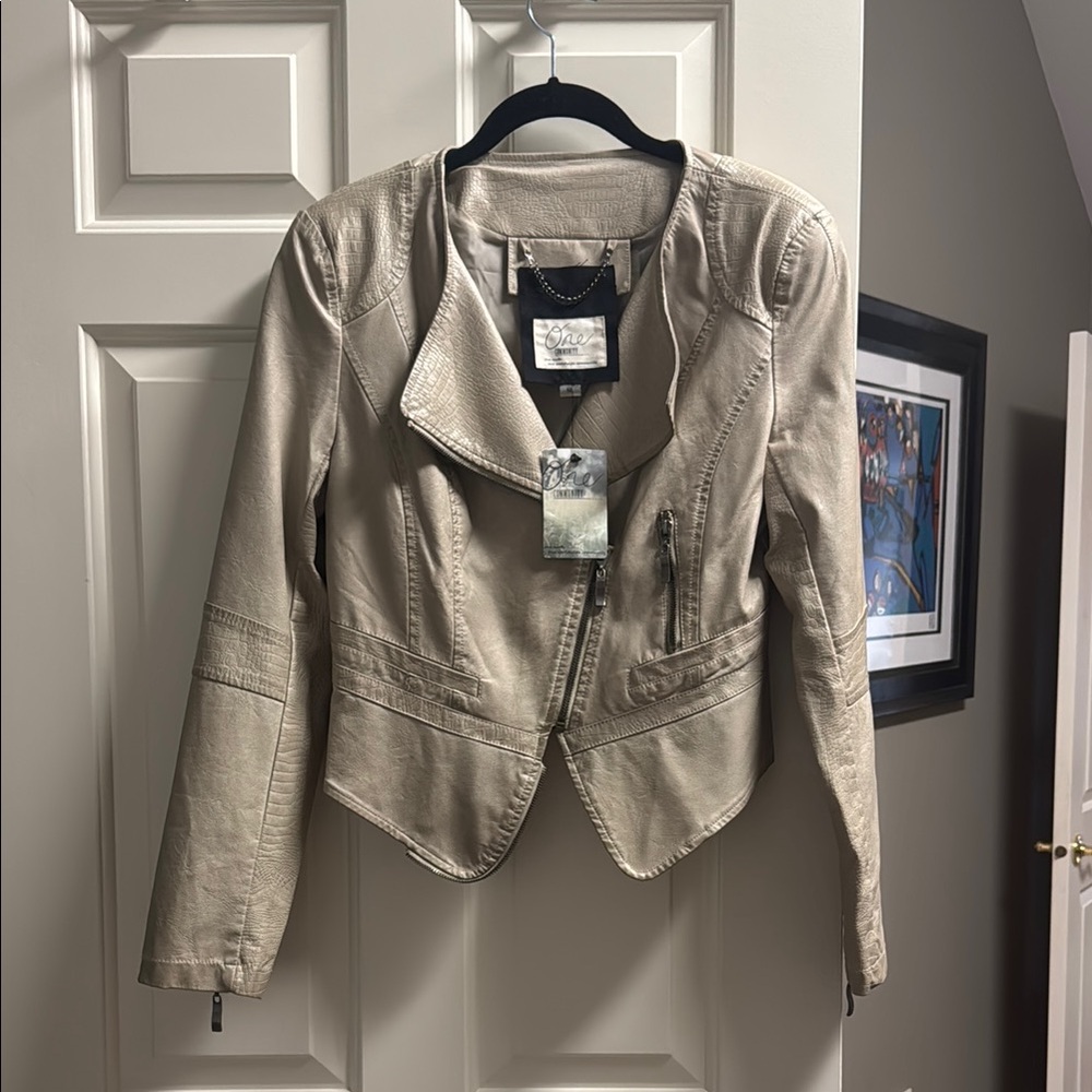 Tan Leather Moto Jacket with Asymmetrical Collar